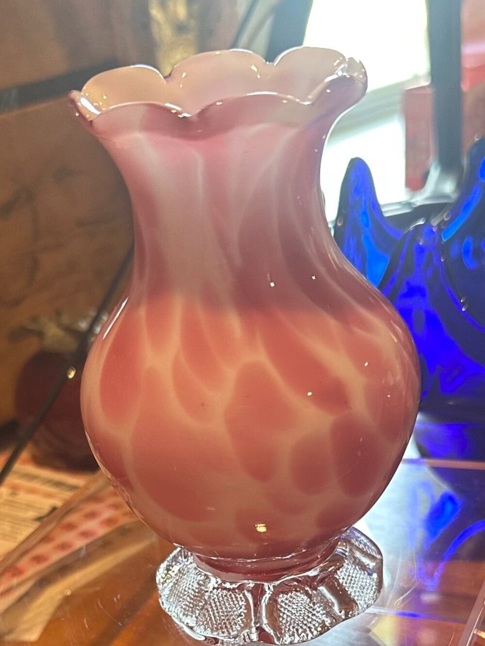 Fenton Diamond Optic Lattice Cranberry Opalescent Glass 6" Vase